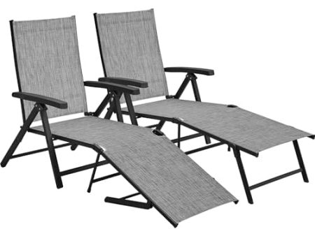 Yaheetech Outdoor Folding Chaise Lounge Set of 2 Patio Reclining Chairs w Adjustable 7-Position Back for Beach Pool Garden Yard Deck Gray on Sale