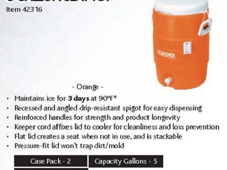 IGLOO 5GAL SEAT TOP ORANGE COOLER-42316 Online