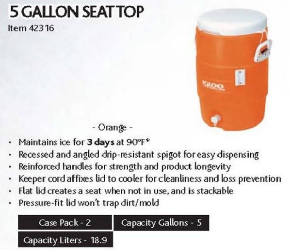 IGLOO 5GAL SEAT TOP ORANGE COOLER-42316 Online