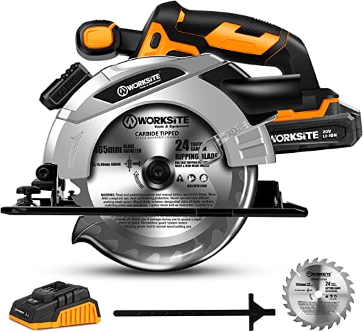 Worksite Cordless Circular Saw 20V, 2.0AH Battery and FAST Charger. High-Performance Motor delivers 4000 RPM’s for aggressive cutting. 6-1 2″” Carbide Tooth Blade delivers a 2-1 8′ cutting capacity. - CCS334 Cheap