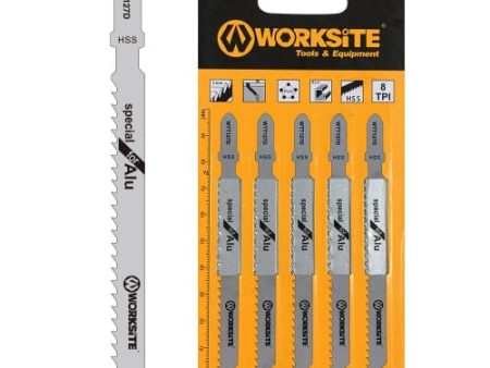 WORKSITE Jigsaw Blade Set. Cutting Tools 8TPI Jig Saw Blade. 5 Piece Jigsaw Blade For Aluminium. Designed With HSS Construction For Long Life. Ideal For Plastics (Soft And Hard), ABS, HDPE, Plexiglas, Acrylics, Cement Board, Aluminum- WTT127D Sale