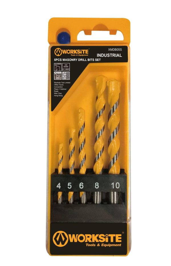 WORKSITE 5 Piece Masonry Drill Bit Set.  High-Speed Bit. Suitable For Drilling In Concrete Surfaces. Can Be Used on Glass Brick Plastic Cement Wood Tile EtcHigh Quality Multi-Purpose Drill Bit Set. Tipped For Prolonged Life And Heavy-Duty Use. – XMDB05S Sale