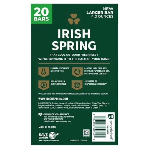 Irish Spring Deodorant Soap, 20 pack  113 g  20 X 113 G Large Bars - Washes away bacteria on body and can be used to wash your hands if you run out of hand soap. Paraben free bar soap, gluten free, and made without phthalates - 273680 For Cheap