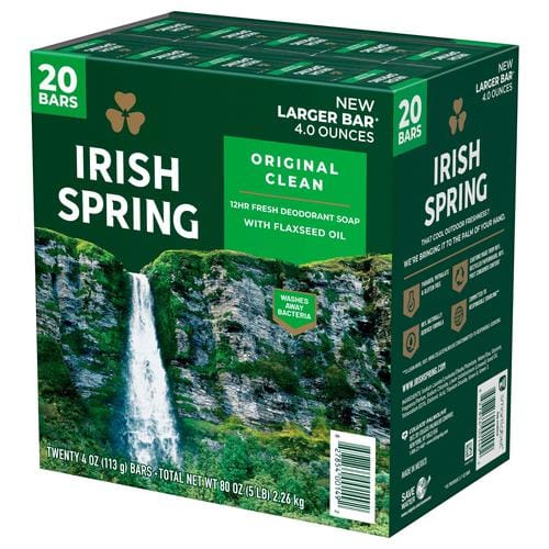 Irish Spring Deodorant Soap, 20 pack  113 g  20 X 113 G Large Bars - Washes away bacteria on body and can be used to wash your hands if you run out of hand soap. Paraben free bar soap, gluten free, and made without phthalates - 273680 For Cheap