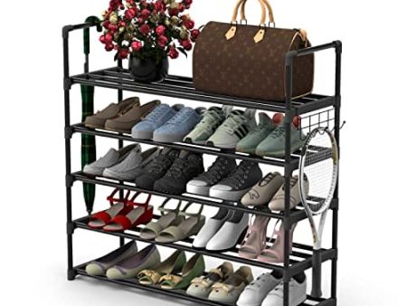 Hsscblet 5 Tiers Metal Shoe Rack,Adjustable Shoe Shelf Storage Organizer with Hooks,Stackable Boot & Shoe Storage,for Entryway,Hallway,Closet,Black Fashion